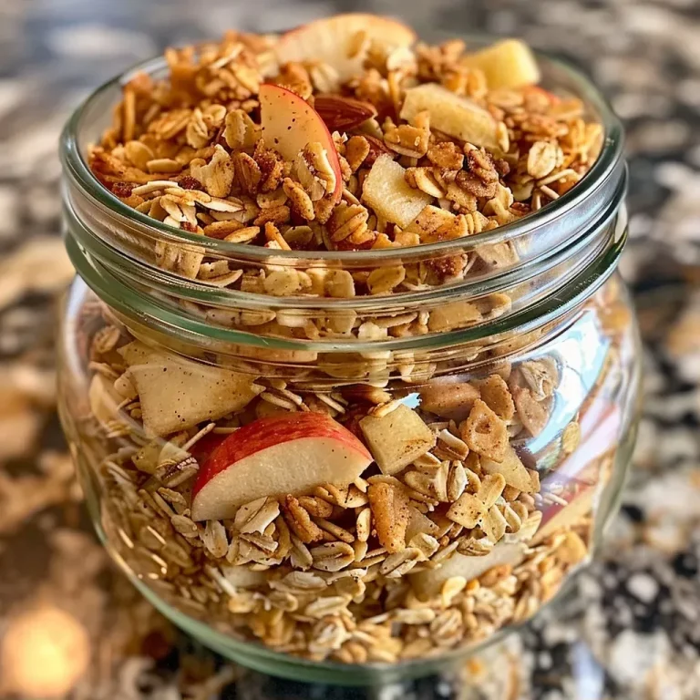 ['Close-up of healthy apple cinnamon granola in a bowl, showcasing chunks of apple chips and oats.', 'Side view of a delicious granola mix with visible apple pieces and a sprinkle of cinnamon.', 'Juicy apple cinnamon granola displayed in a clear bowl, highlighting the texture and ingredients.', 'Healthy granola featuring oats and apple chips, captured with vibrant colors and rich details.']