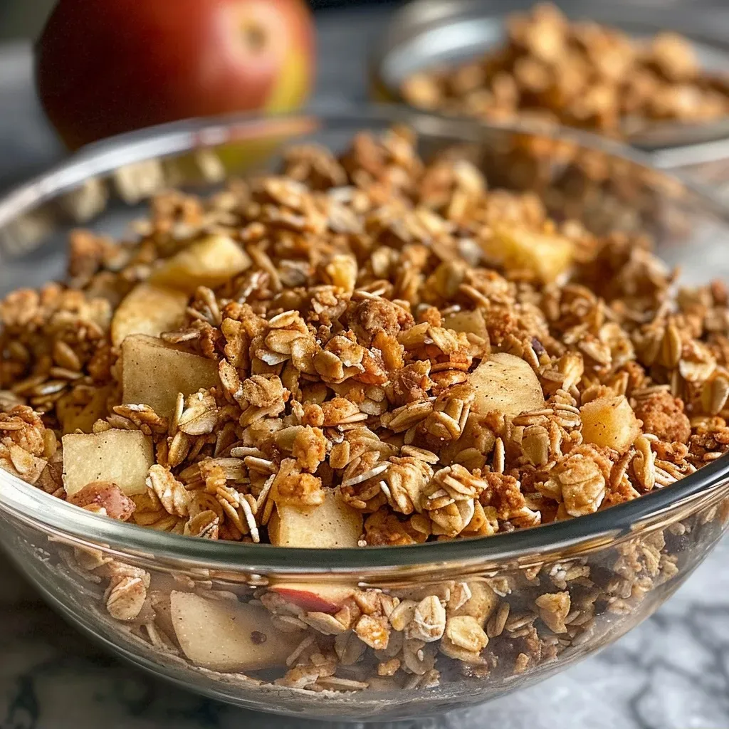 Close-up of healthy apple cinnamon granola in a bowl, showcasing chunks of apple chips and oats.