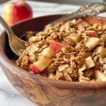 ['Close-up view of a bowl filled with Healthy Apple Pie Granola.', 'Side view of granola featuring apple chunks and nuts, displayed in a rustic bowl.', 'Detailed shot of healthy granola with visible apple pieces and a sprinkle of cinnamon.', 'A vibrant bowl of granola showcasing textures of oats, walnuts, and cinnamon.']