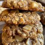 ['Close-up of Healthy Apple Pie Oatmeal Cookies on a plate, showing a golden-brown texture with apple chunks.', 'Side view of freshly baked Healthy Apple Pie Oatmeal Cookies, emphasizing their soft and chewy consistency.', 'Juicy Healthy Apple Pie Oatmeal Cookies displayed, highlighting the warm, inviting appearance with cinnamon dusting.', 'A tempting array of Healthy Apple Pie Oatmeal Cookies, featuring diced red apples and a golden crust.']