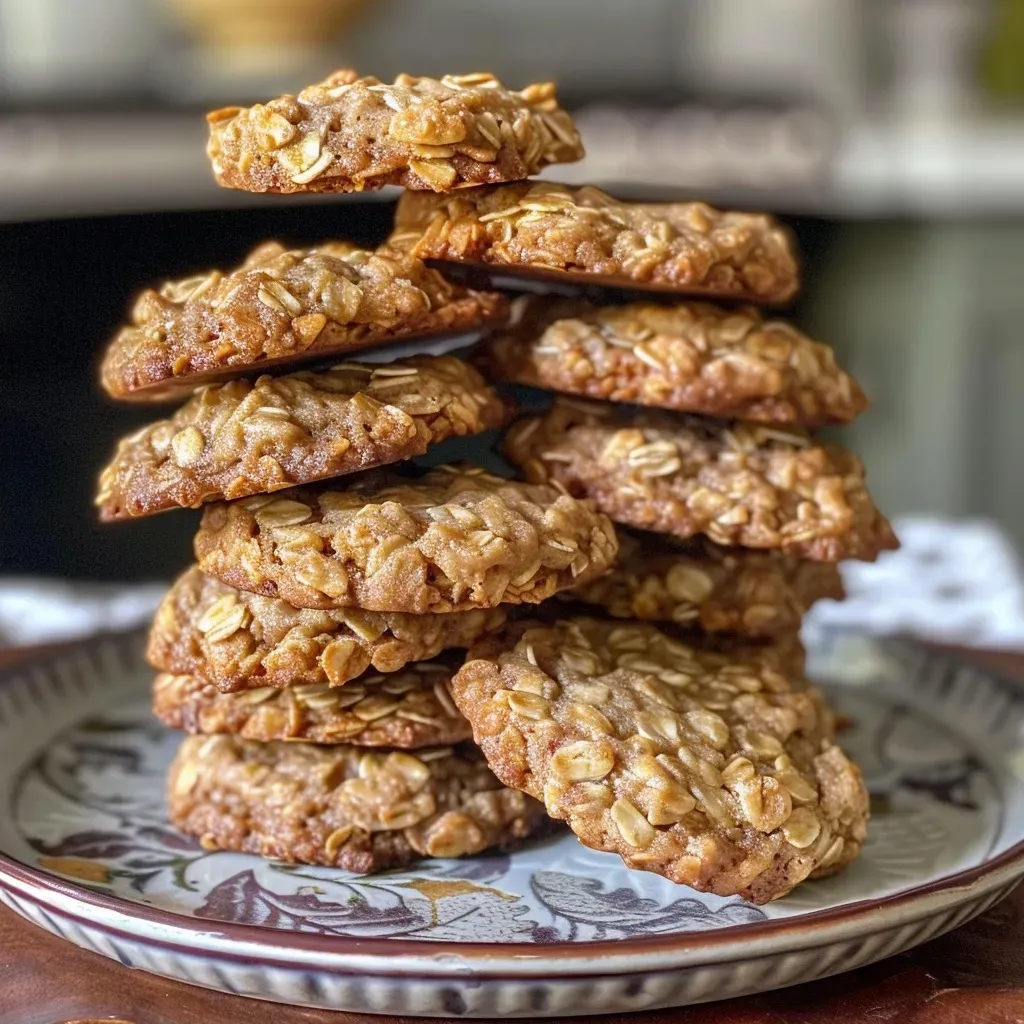 ['Close-up of Healthy Apple Pie Oatmeal Cookies on a plate, showing a golden-brown texture with apple chunks.', 'Side view of freshly baked Healthy Apple Pie Oatmeal Cookies, emphasizing their soft and chewy consistency.', 'Juicy Healthy Apple Pie Oatmeal Cookies displayed, highlighting the warm, inviting appearance with cinnamon dusting.', 'A tempting array of Healthy Apple Pie Oatmeal Cookies, featuring diced red apples and a golden crust.']