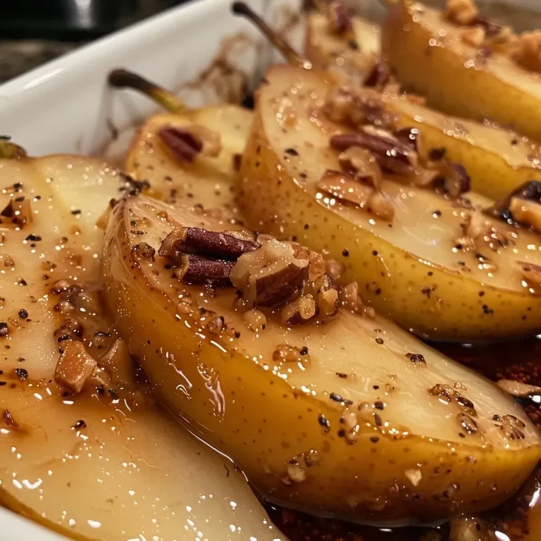 ['Close-up view of baked pears topped with crushed walnuts and cinnamon.', 'Sliced baked pears drizzled with maple syrup and sprinkled with cinnamon.', 'Juicy, caramelized baked pears arranged on a plate, highlighting texture and toppings.', 'A side view of golden-brown baked pears with a glossy finish and nut garnish.']