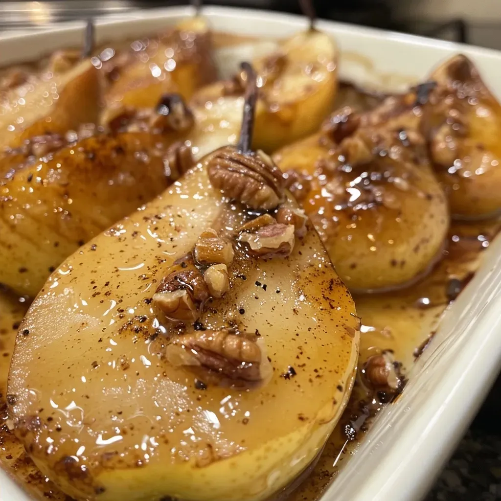 Close-up view of baked pears topped with crushed walnuts and cinnamon.