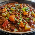 ['Close-up view of Healthy Harvest Chili in a bowl, showcasing colorful ingredients.', 'Side view of freshly prepared Healthy Harvest Chili with visible vegetables and beef.', 'Detailed close-up of Healthy Harvest Chili, highlighting its rich texture and vibrant colors.', 'A bowl of Healthy Harvest Chili filled with diced vegetables and ground beef, viewed from the side.']