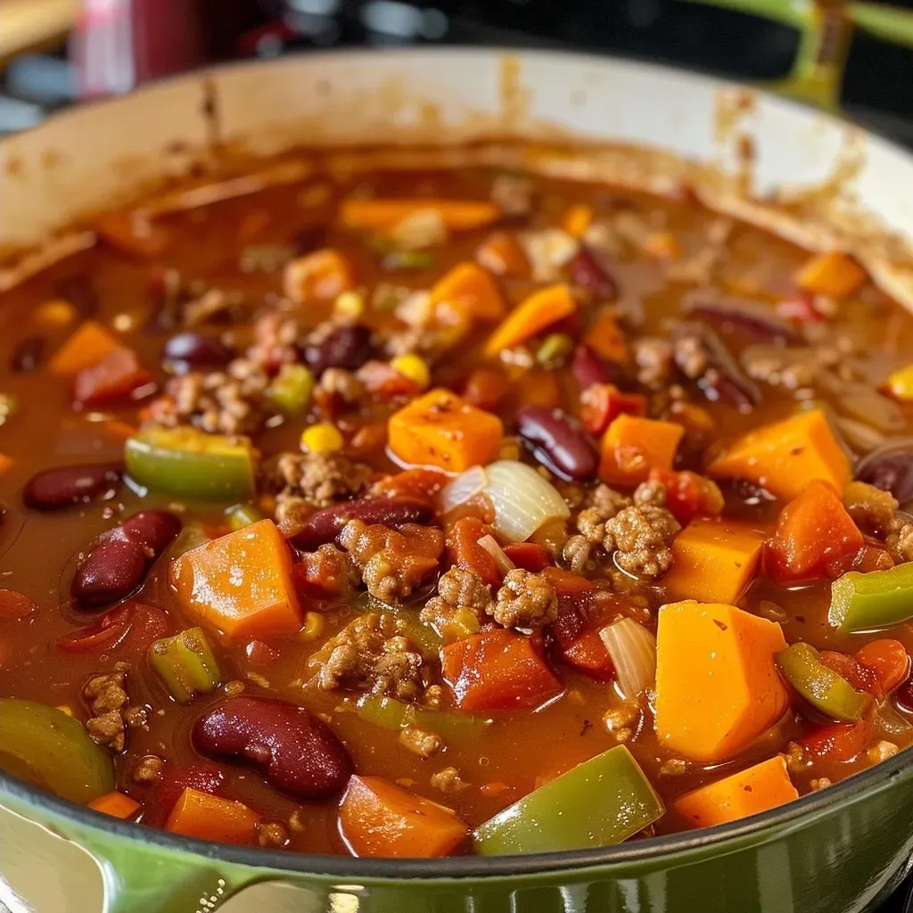 ['Close-up view of Healthy Harvest Chili in a bowl, showcasing colorful ingredients.', 'Side view of freshly prepared Healthy Harvest Chili with visible vegetables and beef.', 'Detailed close-up of Healthy Harvest Chili, highlighting its rich texture and vibrant colors.', 'A bowl of Healthy Harvest Chili filled with diced vegetables and ground beef, viewed from the side.']
