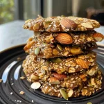 ['Close-up view of Healthy Nut and Seed Energy Cookies stacked on a wooden surface.', 'Side view of freshly baked Healthy Nut and Seed Energy Cookies with nuts and seeds visible.', 'Deliciously textured Healthy Nut and Seed Energy Cookies highlighted against a light background.', 'A plate of Healthy Nut and Seed Energy Cookies showcasing their nutty texture and ingredients.']