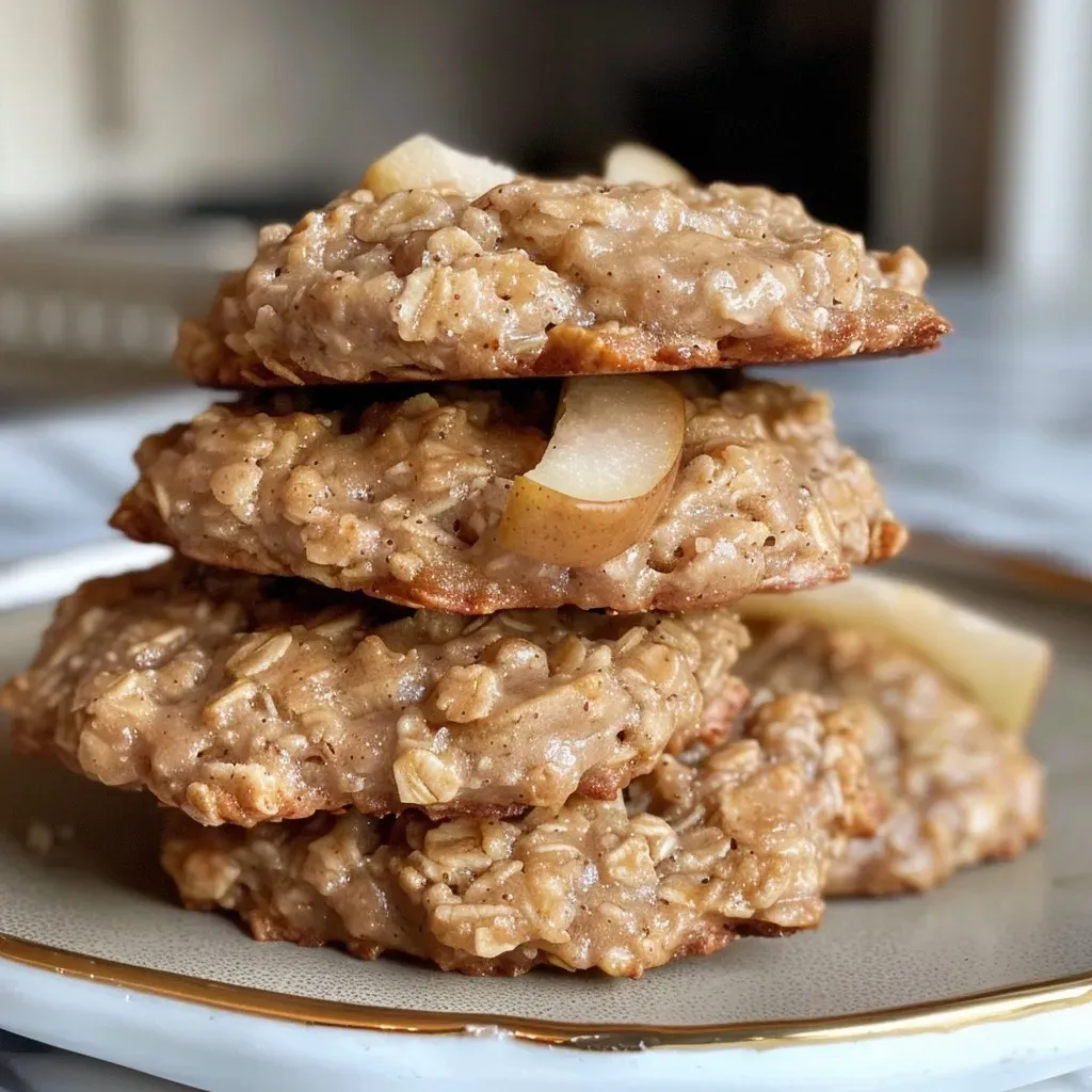 Close-up view of a plate of healthy pear oatmeal cookies, showcasing their golden-brown texture and visible pear chunks.