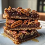 ['Close-up of healthy pecan pie bars with a golden crust and chopped pecans on top.', 'Side view of gluten-free pecan pie bars showcasing a rich, shiny filling and nut topping.', 'Delicious pecan pie bars displayed on a white plate, revealing a flaky crust and glossy pecan layer.', 'Healthy pecan pie bars with a crunchy top, highlighting the almond flour crust and pecan pieces.']