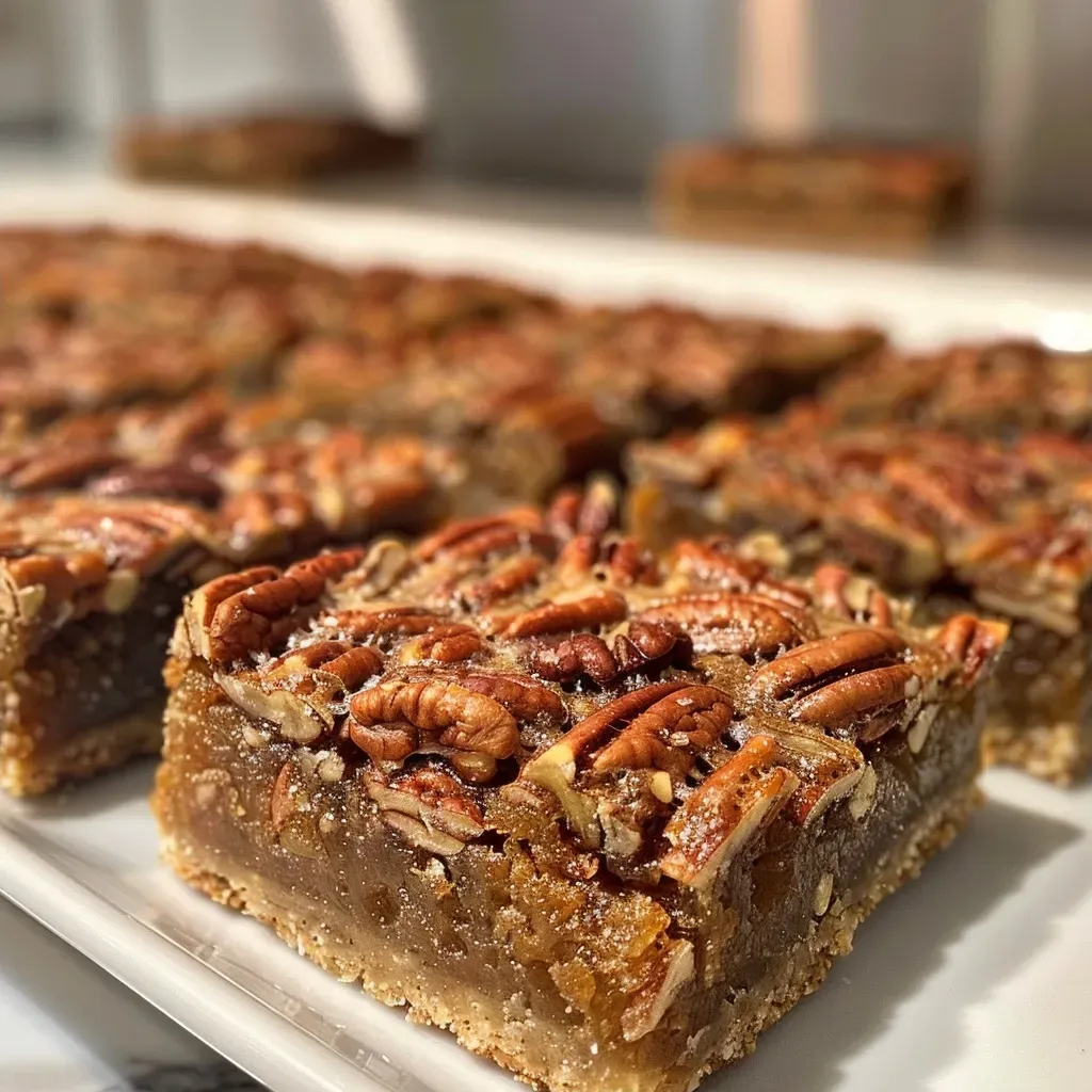 ['Close-up of healthy pecan pie bars with a golden crust and chopped pecans on top.', 'Side view of gluten-free pecan pie bars showcasing a rich, shiny filling and nut topping.', 'Delicious pecan pie bars displayed on a white plate, revealing a flaky crust and glossy pecan layer.', 'Healthy pecan pie bars with a crunchy top, highlighting the almond flour crust and pecan pieces.']