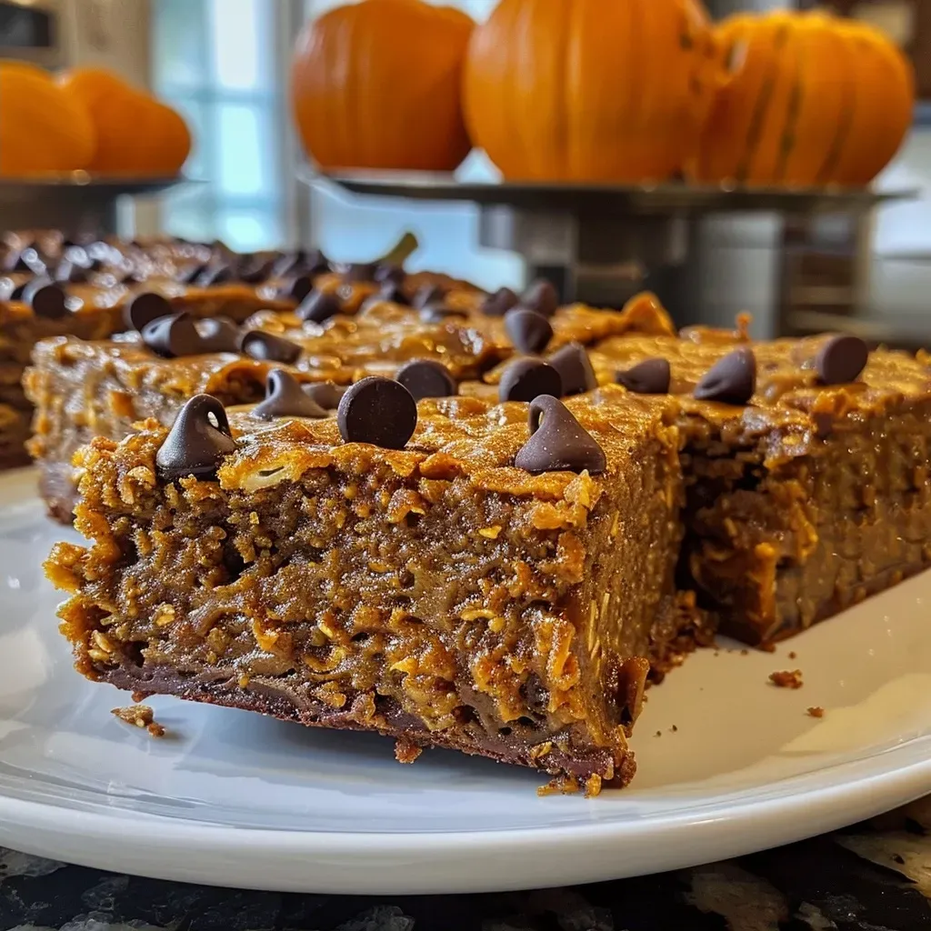 Close-up view of healthy pumpkin bars with chocolate chips, showcasing a delectable texture.