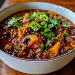['A close-up view of a hearty bowl of Healthy Pumpkin Chili with ingredients visible.', 'Side view of a steaming bowl of Pumpkin Chili garnished with green onions and cilantro.', 'Zoomed-in image of Healthy Pumpkin Chili showcasing vibrant colors and textures.', 'Detailed close-up of a dish filled with Healthy Pumpkin Chili topped with Greek yogurt.']