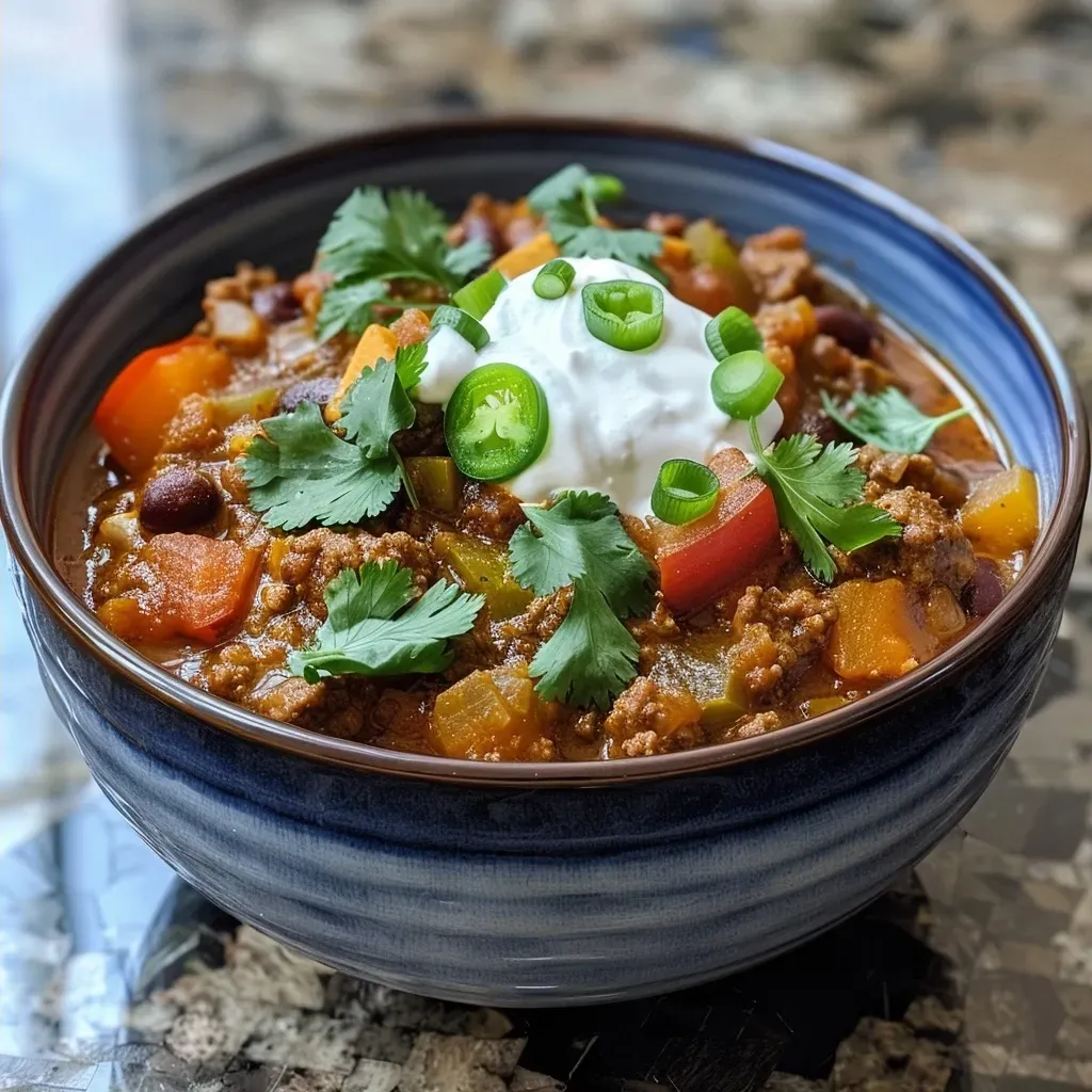 ['A close-up view of a hearty bowl of Healthy Pumpkin Chili with ingredients visible.', 'Side view of a steaming bowl of Pumpkin Chili garnished with green onions and cilantro.', 'Zoomed-in image of Healthy Pumpkin Chili showcasing vibrant colors and textures.', 'Detailed close-up of a dish filled with Healthy Pumpkin Chili topped with Greek yogurt.']