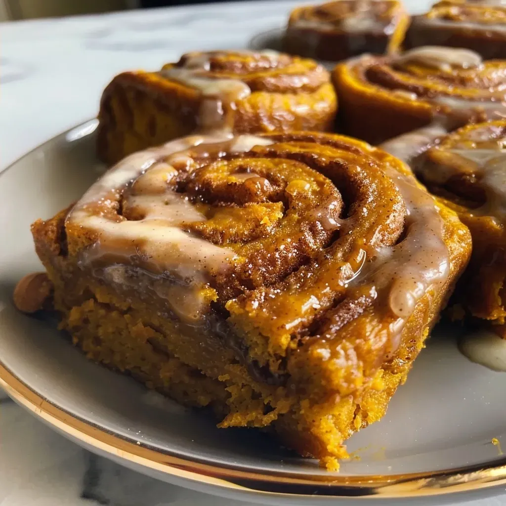 Close-up of golden-brown pumpkin cinnamon rolls drizzled with glaze.
