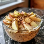 ['Close-up view of high protein apple cinnamon overnight oats in a glass jar.', 'Side view of overnight oats featuring apples, cinnamon, and protein powder.', 'Delicious-looking high protein apple cinnamon oats topped with fresh apple slices.', 'Bowl of overnight oats with apple chunks and a sprinkle of cinnamon.']
