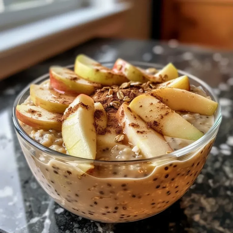 ['Close-up view of high protein apple cinnamon overnight oats in a glass jar.', 'Side view of overnight oats featuring apples, cinnamon, and protein powder.', 'Delicious-looking high protein apple cinnamon oats topped with fresh apple slices.', 'Bowl of overnight oats with apple chunks and a sprinkle of cinnamon.']