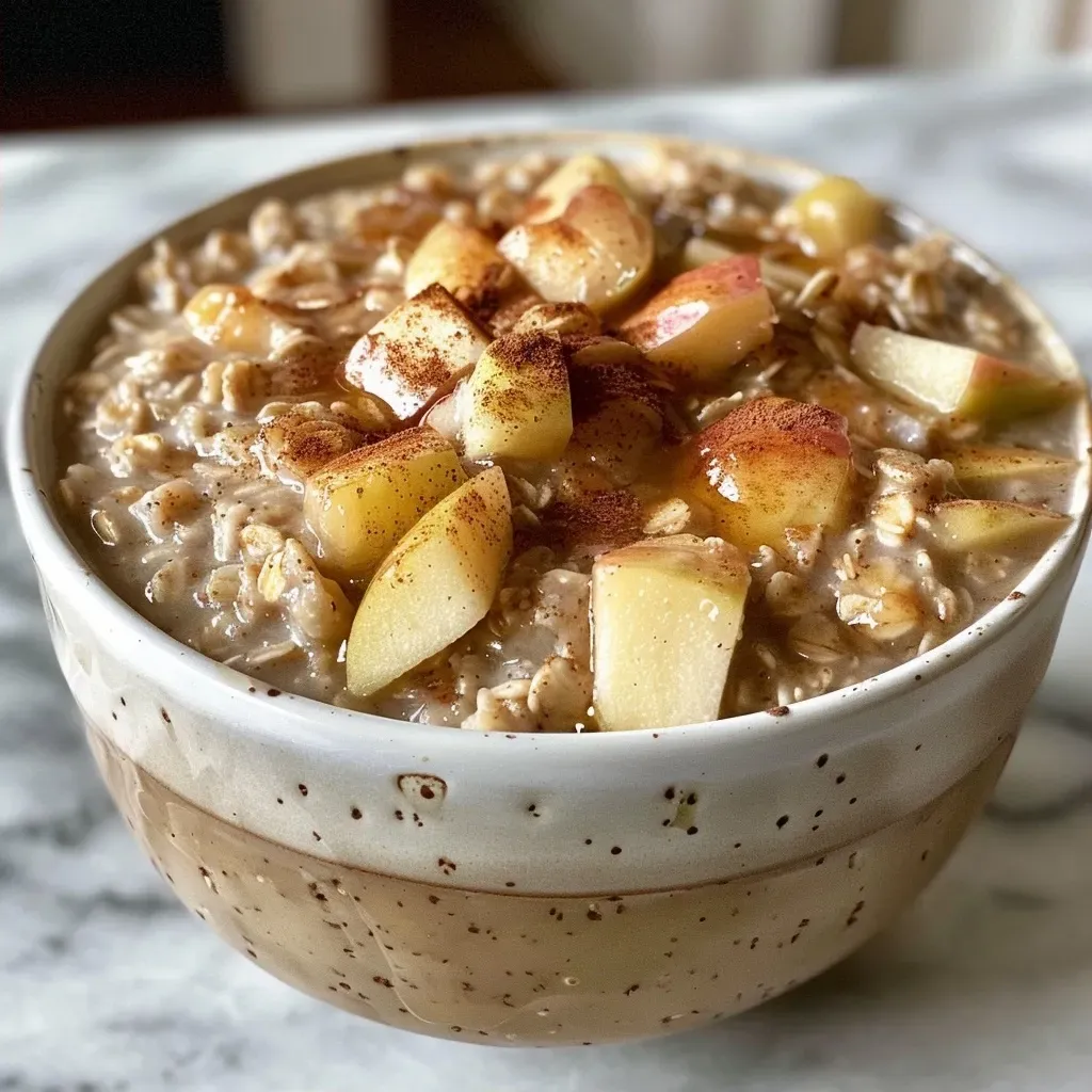 ['Close-up view of high protein apple cinnamon overnight oats in a glass jar.', 'Side view of overnight oats featuring apples, cinnamon, and protein powder.', 'Delicious-looking high protein apple cinnamon oats topped with fresh apple slices.', 'Bowl of overnight oats with apple chunks and a sprinkle of cinnamon.']