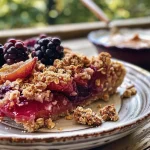 ['Side view of a vibrant autumn crumble topped with fresh fruit and yogurt.', 'Close-up of a delicious high protein crumble featuring plums and blackberries.', 'Juicy autumn crumble with rolled oats and nut butter, served with yogurt.', 'Colorful crumble dish showcasing ripe plums, blackberries, and creamy yogurt.']