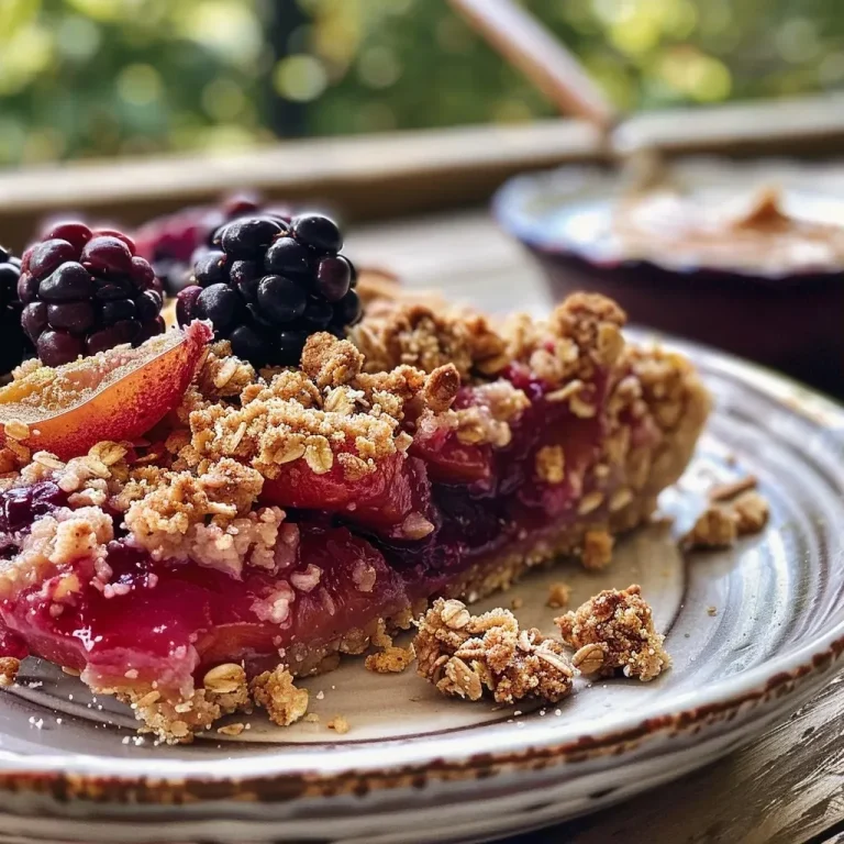 ['Side view of a vibrant autumn crumble topped with fresh fruit and yogurt.', 'Close-up of a delicious high protein crumble featuring plums and blackberries.', 'Juicy autumn crumble with rolled oats and nut butter, served with yogurt.', 'Colorful crumble dish showcasing ripe plums, blackberries, and creamy yogurt.']