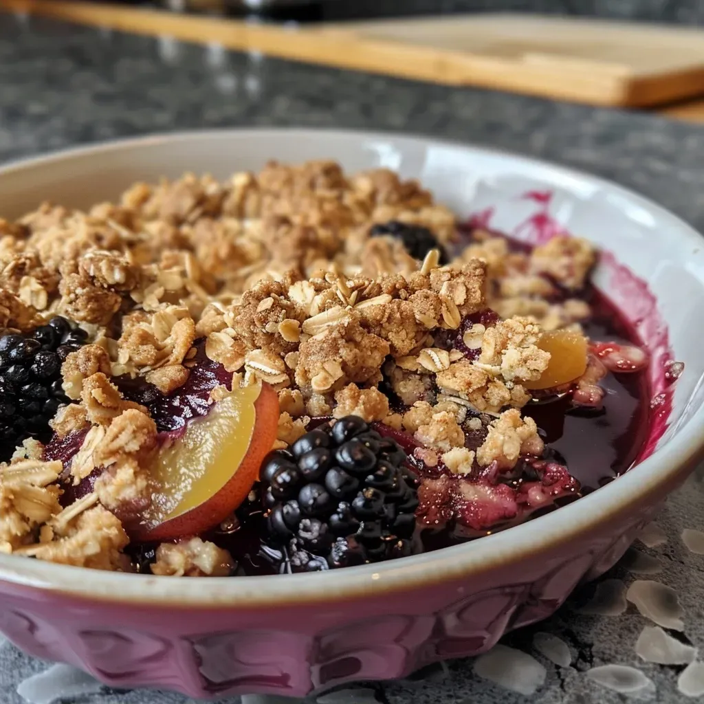 ['Side view of a vibrant autumn crumble topped with fresh fruit and yogurt.', 'Close-up of a delicious high protein crumble featuring plums and blackberries.', 'Juicy autumn crumble with rolled oats and nut butter, served with yogurt.', 'Colorful crumble dish showcasing ripe plums, blackberries, and creamy yogurt.']