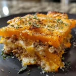['Close-up side view of a high protein butternut squash bake with golden crust.', 'Juicy butternut squash bake revealing layers of ground turkey and cottage cheese.', 'Textured side view of a savory high protein bake with visible chunks of butternut squash.', 'Deliciously baked dish featuring ground turkey, butternut squash, and herbs.']