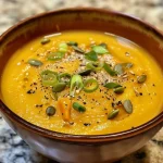 ['A close-up view of a creamy butternut squash soup garnished with green onions and pumpkin seeds.', 'A side view of a delicious bowl of high-protein butternut squash soup with olive oil drizzle.', 'A vibrant serving of butternut squash soup featuring a dollop of cottage cheese and topped with grated Parmesan.', 'A hearty bowl of butternut squash soup with visible chunks of vegetables and herbs.']