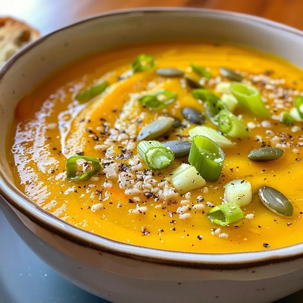 A close-up view of a creamy butternut squash soup garnished with green onions and pumpkin seeds.