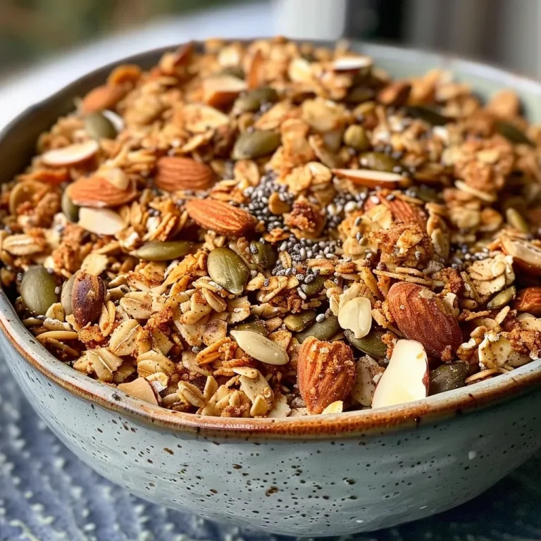['A close-up view of a delicious high-protein granola mix featuring oats, almonds, and seeds.', 'Side view of clumped high-protein granola showing visible almonds and seeds.', 'A vibrant close-up of freshly made granola with oats and nuts, highlighting a crunchy texture.', 'A detailed shot of high-protein granola showcasing the combination of oats, almonds, and chia seeds.']