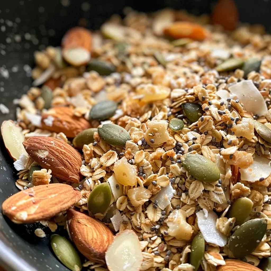 A close-up view of a delicious high-protein granola mix featuring oats, almonds, and seeds.