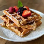 ['A close-up side view of golden-brown high-protein waffles topped with fresh berries.', 'Delicious high-protein waffles served with butter and maple syrup on a plate.', 'Juicy high-protein waffles with a sprinkle of powdered sugar and fresh fruit garnish.', 'A side view of fluffy waffles accompanied by strawberries, raspberries, and blueberries.']