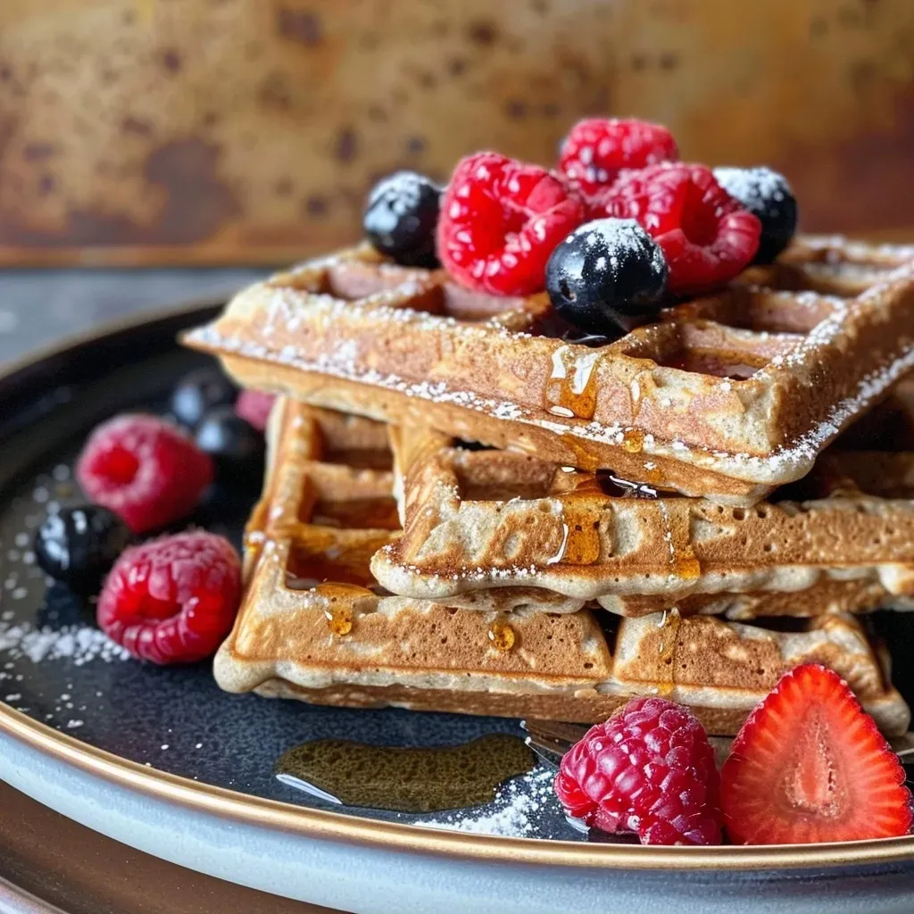 ['A close-up side view of golden-brown high-protein waffles topped with fresh berries.', 'Delicious high-protein waffles served with butter and maple syrup on a plate.', 'Juicy high-protein waffles with a sprinkle of powdered sugar and fresh fruit garnish.', 'A side view of fluffy waffles accompanied by strawberries, raspberries, and blueberries.']
