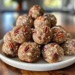 ['Close-up view of high-protein pecan pie balls on a wooden surface.', 'Side view of juicy, delicious high-protein pecan pie balls resting on a plate.', 'Detailed close-up image of high-protein pecan pie balls, showcasing texture and ingredients.', 'A close-up of high-protein pecan pie balls, highlighting their rich, nutty appearance.']