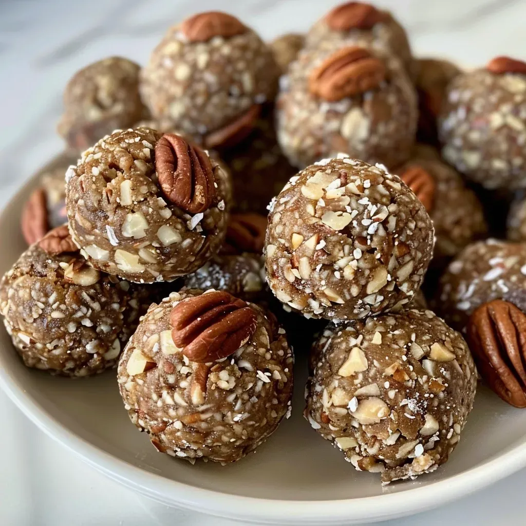 Close-up view of high-protein pecan pie balls on a wooden surface.