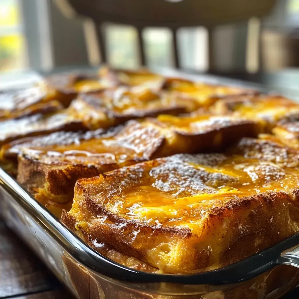 Close-up of a slice of High-Protein Pumpkin French Toast Casserole with a golden-brown crust.