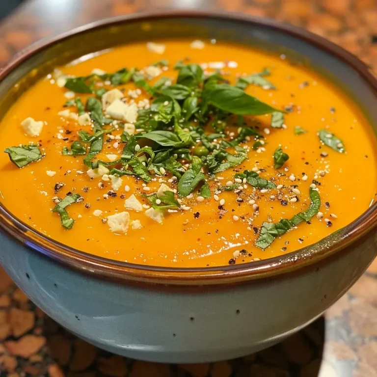 ['A creamy bowl of vibrant orange roasted carrot soup topped with fresh herbs and spices.', 'Close-up of a rich carrot soup garnished with chili flakes and basil leaves in a rustic bowl.', 'A serving of high-protein roasted carrot soup showcasing pieces of roasted carrots and herbs.', 'A side view of carrot soup with hints of seasoning and a drizzle of olive oil on top.']