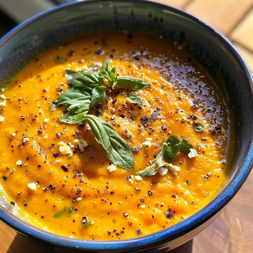 A creamy bowl of vibrant orange roasted carrot soup topped with fresh herbs and spices.