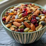 ['Close-up view of a colorful high protein trail mix with nuts and dried fruits.', 'A side view of a nutritious trail mix containing almonds, cashews, peanuts, and chocolate chips.', 'Detailed image of a vibrant trail mix featuring edamame, sunflower seeds, and cranberries.', 'Top view of a bowl filled with various ingredients of a high protein trail mix.']