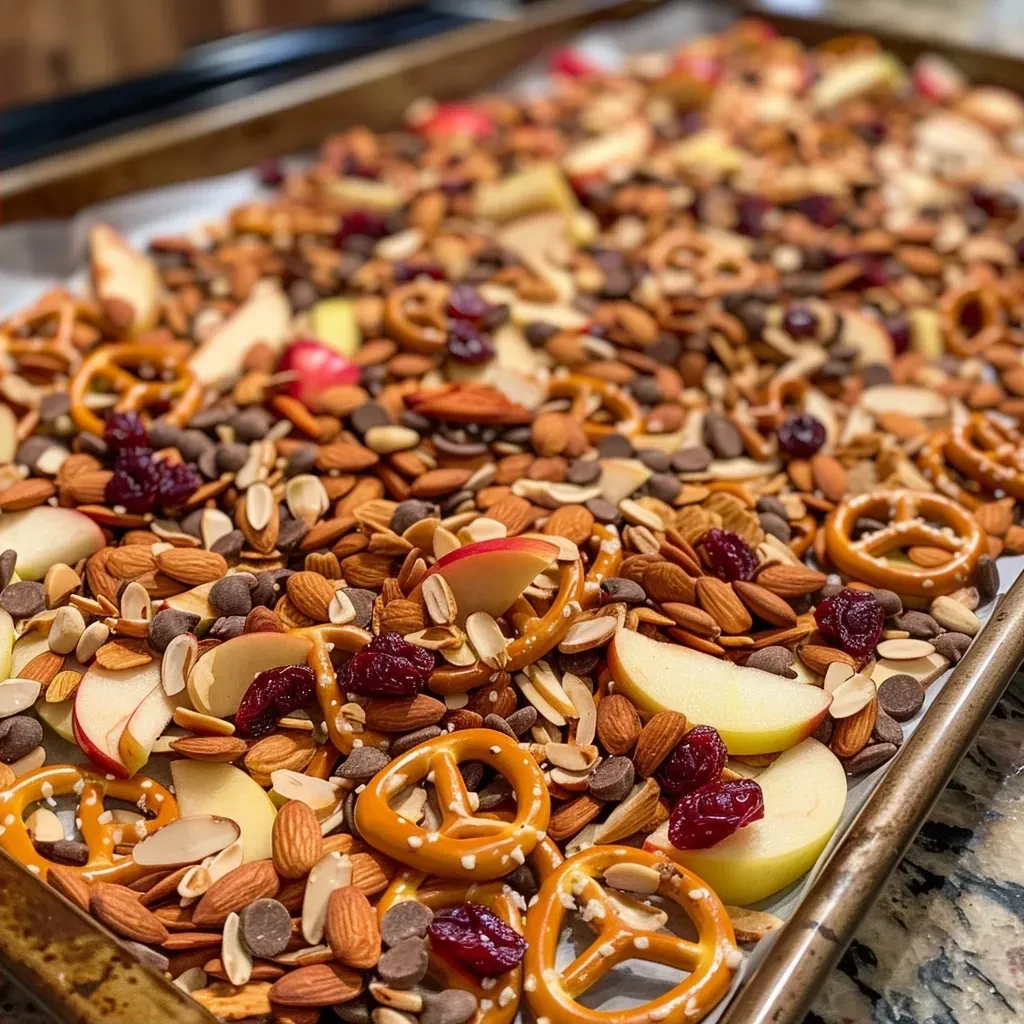 Close-up view of homemade apple chip trail mix featuring apple slices, pretzels, almonds, cranberries, seeds, and colorful chocolates.