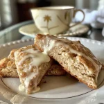 ['Close-up view of golden-brown homemade chai scones with a glossy maple chai glaze.', 'Delicious chai scones, showing a side angle and the glistening glaze on top.', 'Freshly baked chai scones drizzled with a maple chai icing, captured from the side.', 'A tantalizing side view of warm chai scones with a decadent maple glaze.']