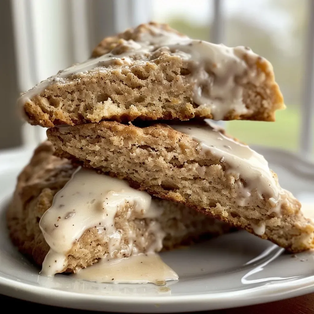 ['Close-up view of golden-brown homemade chai scones with a glossy maple chai glaze.', 'Delicious chai scones, showing a side angle and the glistening glaze on top.', 'Freshly baked chai scones drizzled with a maple chai icing, captured from the side.', 'A tantalizing side view of warm chai scones with a decadent maple glaze.']
