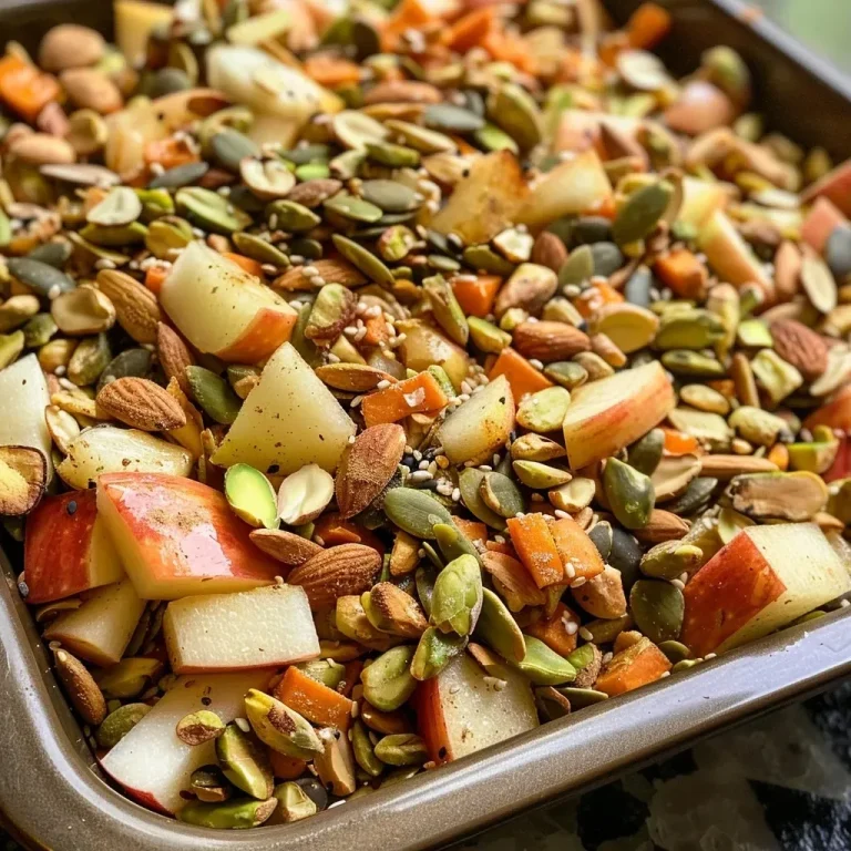 ['Close-up view of colorful homemade trail mix with sliced apples, nuts, and seeds.', 'Side view of a bowl filled with a vibrant mix of nuts, seeds, and dried apple slices.', 'Detailed shot of a nutritious trail mix featuring various nuts and fruits on a wooden surface.', 'Close-up of a healthy snack blend showcasing pistachios, pumpkin seeds, and apple slices.']