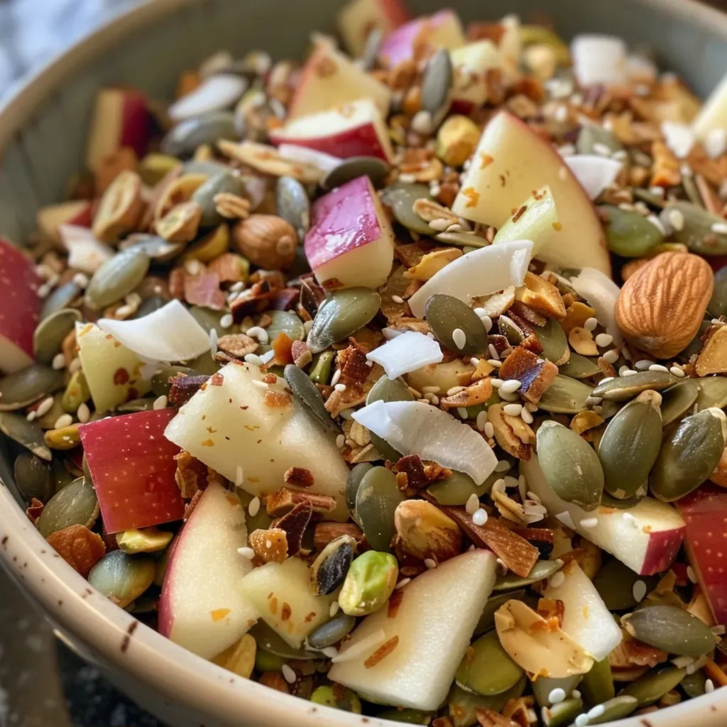 Close-up view of colorful homemade trail mix with sliced apples, nuts, and seeds.
