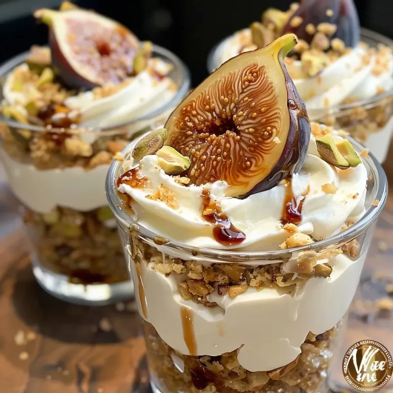 ['Side view of layered parfait featuring Honey Balsamic Roasted Figs and Coconut Yogurt with toasted pistachios.', 'Close-up of a dessert cup filled with roasted figs, yogurt, and garnished with pistachios.', 'A delectable parfait showcasing honey-glazed figs and creamy coconut yogurt in a clear glass.', 'Layered dessert displaying quartered figs, yogurt, and crunchy pistachios in a stylish presentation.']