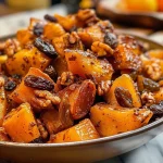 ['Close-up of honey-cinnamon baked pumpkin with apples and walnuts.', 'Side view of baked pumpkin topped with honey and nuts.', 'Juicy honey-cinnamon baked pumpkin with a mix of fruits and nuts.', 'Vibrant baked pumpkin adorned with raisins and apricots.']