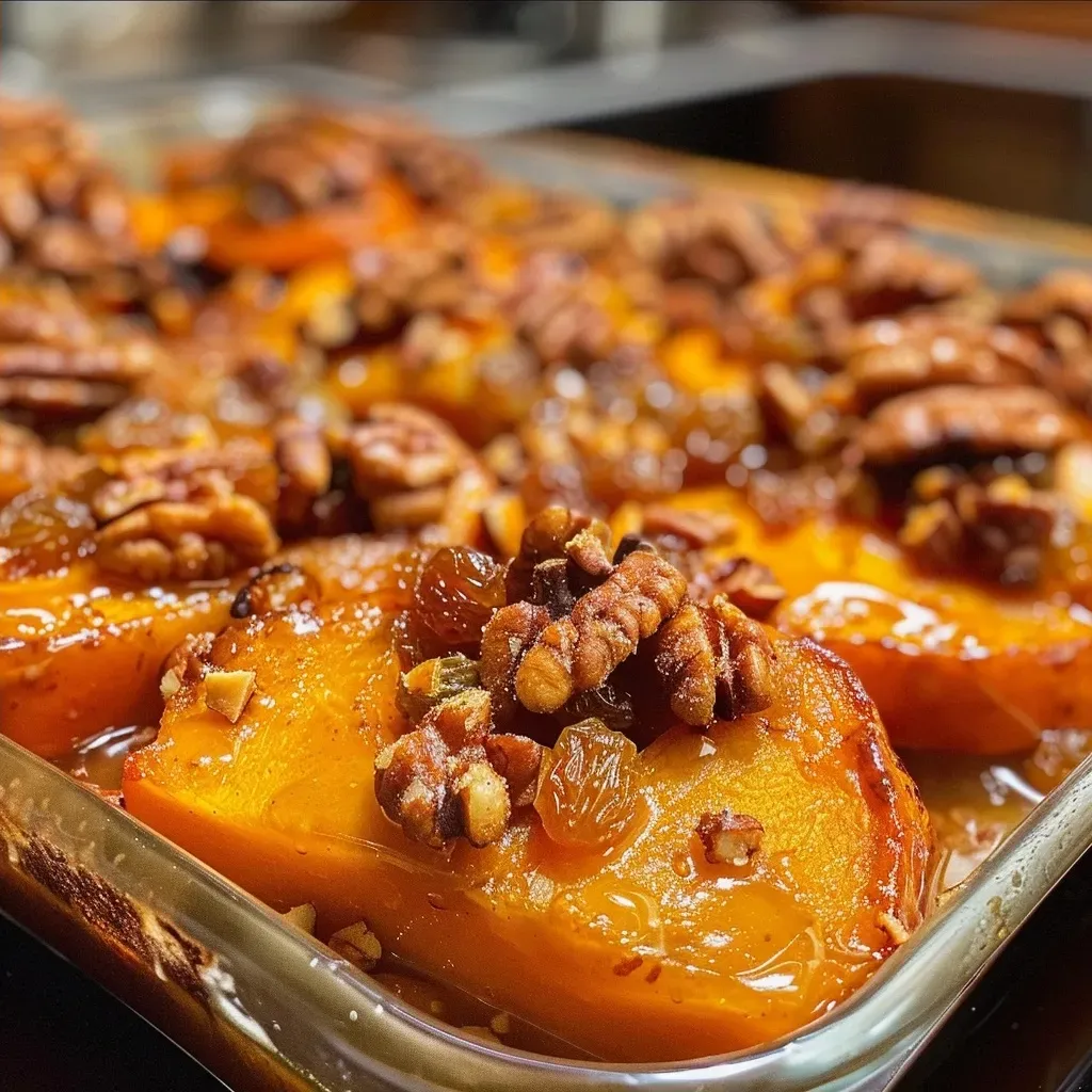 ['Close-up of honey-cinnamon baked pumpkin with apples and walnuts.', 'Side view of baked pumpkin topped with honey and nuts.', 'Juicy honey-cinnamon baked pumpkin with a mix of fruits and nuts.', 'Vibrant baked pumpkin adorned with raisins and apricots.']