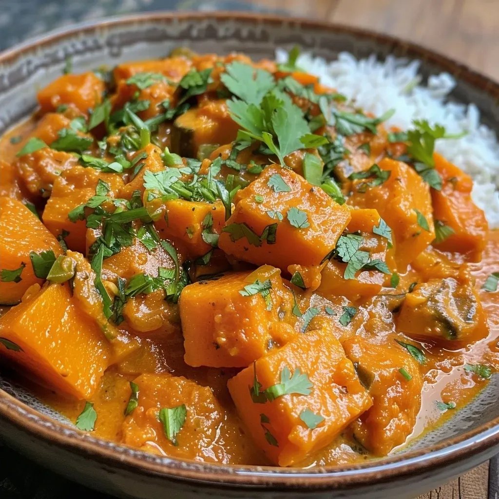 Close-up view of vibrant Indian Pumpkin Curry with diced pumpkin and spices.
