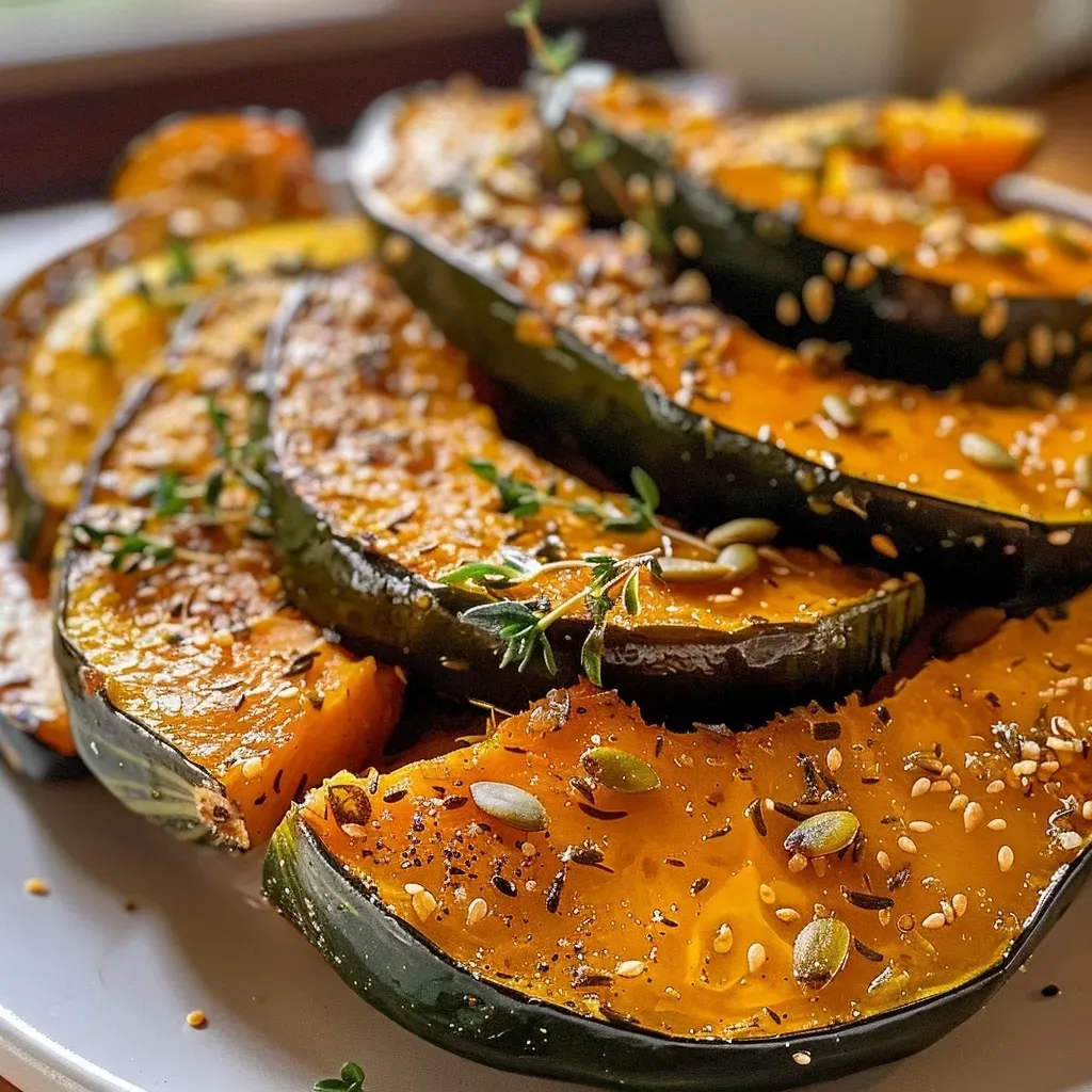 ['Close-up of roasted kabocha squash wedges garnished with thyme and garlic.', 'Side view of caramelized kabocha squash slices topped with fresh thyme and garlic.', 'Juicy kabocha squash wedges drizzled with olive oil and sprinkled with herbs.', 'Golden roasted kabocha squash with thyme and garlic on a rustic plate.']