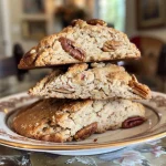 ['Close-up view of golden-brown Keto Maple Pecan Scones with a glossy finish.', 'Side view of freshly baked Keto Maple Pecan Scones, highlighting the pecan chunks.', 'Delicious Keto Maple Pecan Scones displayed on a delicate plate, showing texture and color.', 'Juicy Keto Maple Pecan Scones with a butter glaze, garnished with chopped pecans.']