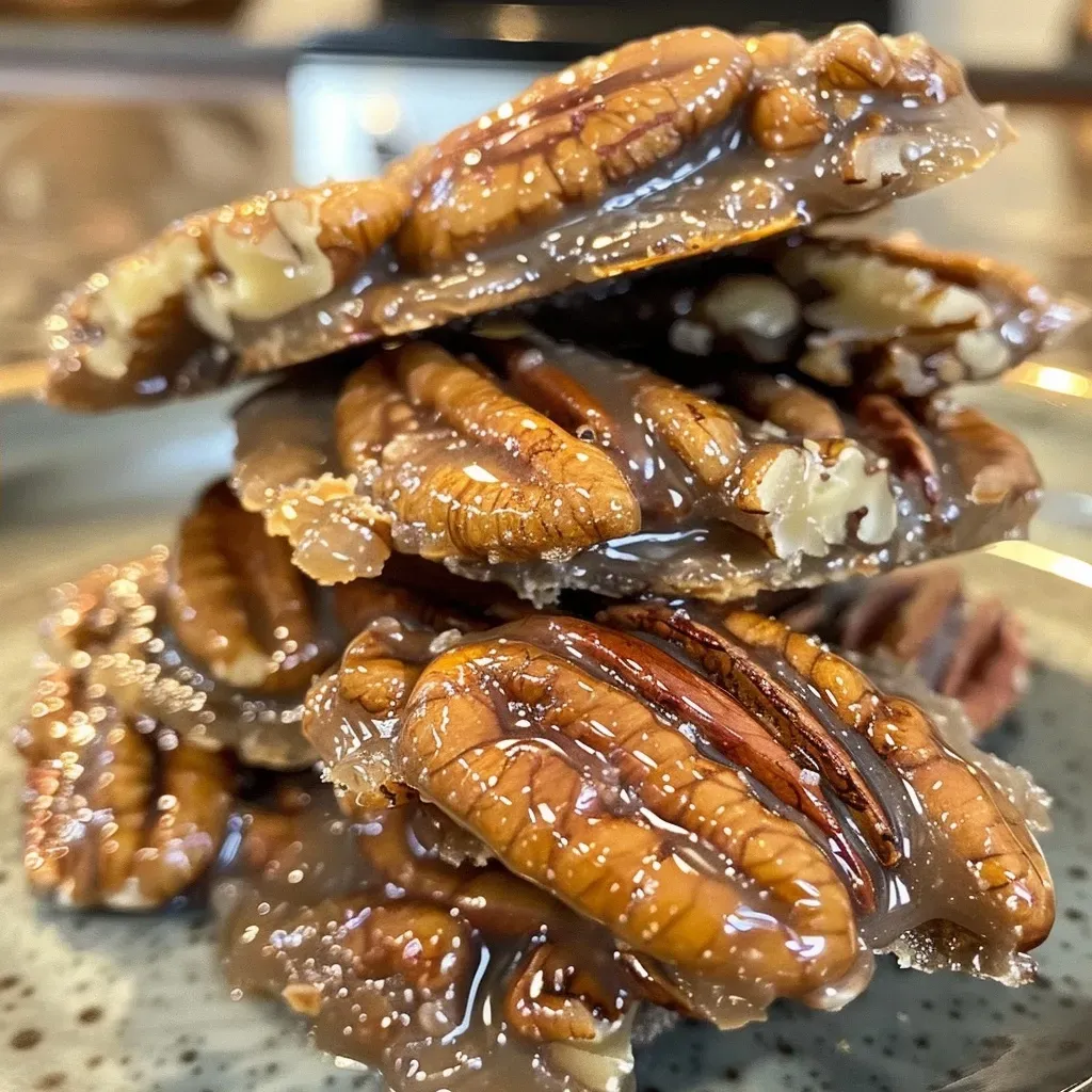 ['Close-up of golden brown Keto Pecan Pralines on a white plate, showcasing their glossy texture.', 'Side view of freshly made Keto Pecan Pralines with pecan pieces visible, glistening in natural light.', 'A detailed look at Keto Pecan Pralines, highlighting the buttery caramel coating and toasted pecans.', 'Close-up image of Keto Pecan Pralines, emphasizing the rich color and texture of the confection.']