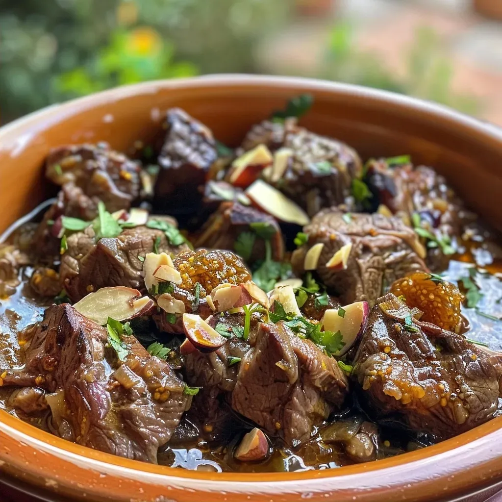 Close-up view of a Lamb and Fig Tajine, featuring tender lamb pieces and dried figs.