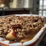 ['A close-up side view of a lightened-up maple-pecan apple crisp, showing the golden brown topping and apple slices.', 'A detailed shot of apple crisp with a crunchy topping and visible pecans, set against a blurred background.', 'Freshly baked apple crisp with a crumbly topping and sliced apples, captured in vibrant colors.', 'A tantalizing view of baked apple crisp, showcasing its crispy texture and chunks of apples.']